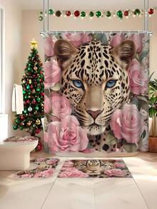 Conjunto de cortina de ducha con estampado de leopardo y rosa rosa con 12 ganchos en forma de C - Impermeable, lavable a máquina, estampado animal - Alfombra de baño impermeable y antideslizante, tapa de inodoro y juego de alfombra en forma de U Cortina de baño de 4 piezas - Juego de cortinas de baño decorativas de dibujos animados lavables a máquina, este es un conjunto de suministros decorativos de baño para fiestas adecuado para todas las temporadas y es el regalo perfecto de vacaciones para amigos y familiares. - Multicolor - Ver 9