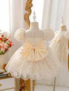 SHEIN Glamorique Kids 女婴碎花选美礼服，公主生日派对礼服，杏色碎花，蝴蝶结露背，可爱，四季皆宜，优雅 - 杏色 - 查看 2