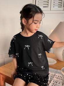 DAZY 女童（小号）夏季圆领水钻蝴蝶结蕾丝拼接短袖T恤