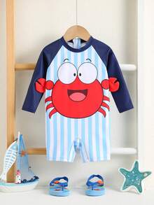 SHEIN Bubblio Áo tắm liền thân dài tay họa tiết cua dễ thương cho bé trai/bé gái, phối màu xanh sọc tương phản, thích hợp cho kỳ nghỉ, bãi biển, lướt sóng, đồ bơi dài tay cho bé trai. - Màu xanh lam - Xem 4