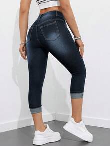 Jeanoix 女士休闲口袋七分修身牛仔裤 - 深色水洗藍 - 查看 2