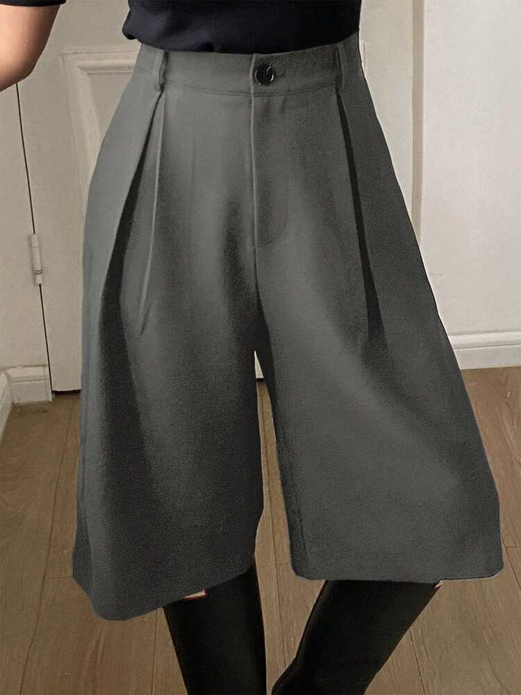 Women's Solid Color Pleated Pocket Capri Pants, Casual Retro Style For Autumn/Winter