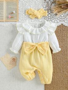 SHEIN Vintaside Kids Bộ áo liền quần dài tay hai lớp màu trắng cho bé gái, cổ bèo nhún, phối màu xanh lá cây với nơ, kèm băng đô rời, phù hợp cho mọi mùa xuân hè đông, đơn giản và dễ thương cho cả mặc trong nhà và ngoài trời. - Màu vàng - Xem 5