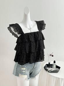 Elamini Áo sơ mi nữ tay ngắn cổ rộng, họa tiết kẻ sọc nhăn và chấm bi đen. - màu đen - Xem 4