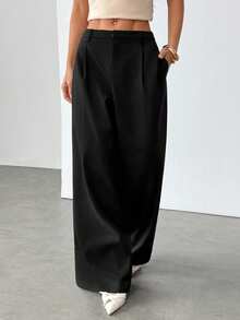 SHEIN PETITE 女士休闲优雅纯色口袋宽松裤，黑色裤子 - 黑色 - 查看 4