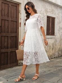 EMERY ROSE 女士时尚蕾丝短袖中长连衣裙，夏季 - 白色 - 查看 6