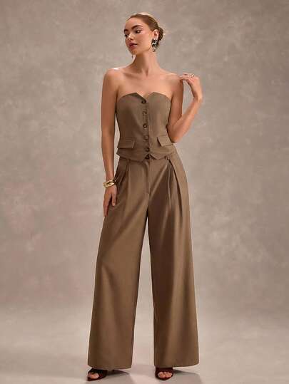 CLARA VERO Women's Brown Wide Leg Pants And Button Up Strapless Bustier Top Set – Two Pieces Summer Suit Outfit
