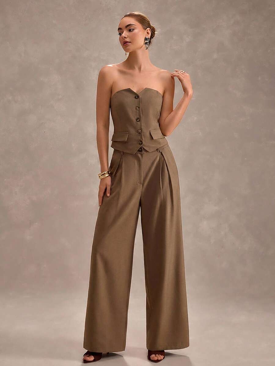 CLARA VERO Women's Brown Wide Leg Pants And Button Up Strapless Bustier Top Set – Two Pieces Summer Suit Outfit - Coffee Brown - View 1
