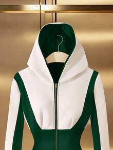 Franclia 女士优雅休闲黑白拼接修身夹克 - 綠色 - 查看 5