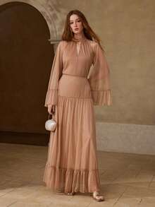 MOTF PREMIUM 女士浪漫荷叶边上衣和半裙两件套，春夏款 - 卡其色 - 查看 5