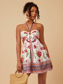 Travachic Sleeveless Halter Neck Hollow Out Tropical Print Vacation Dress - Multicolor - View 3