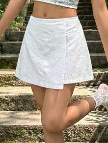 Young Girls Textured Asymmetric Shorts Skirt,Summer Casual Fashionable Versatile For Party,Outing,Photo Shoot,Park,Camping,Vacation,Daily Leisure - White - View 7