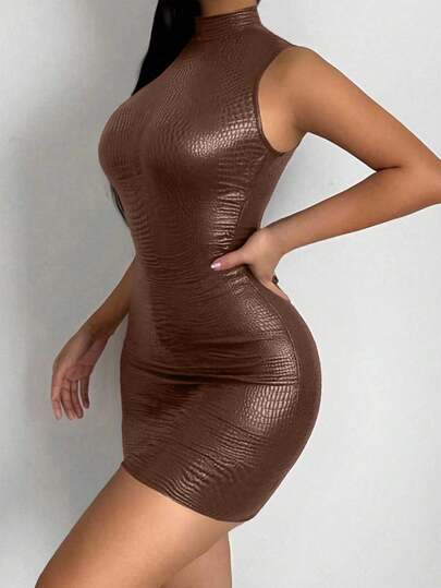 SHEIN BamGlam Ladies Short Slim Fit Snake Skin PU, With A Shiny Layer And Ruched Waist, Sleeveless Bodycon Dress, Simple And Fashionable, Suitable For Daily And Casual Wear. Sexy Minimalist Party Club Christmas Valentine's Day Mini Dress, Glittering, Knitted, Perfect For Music Festivals, Cherry Red Club Streetwear.