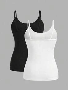 SHEIN EZwear 大码女式两件套黑白罗纹紧身休闲吊带背心 - 彩色 - 查看 2