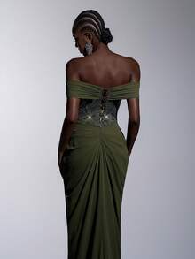 Elitara Đầm maxi sang trọng, cổ điển, trễ vai, đính sequin và thêu, chất liệu chiffon xếp ly, vạt đuôi cá, thích hợp cho các lễ hội, đám cưới, dạ hội, hòa nhạc, sự kiện kinh doanh và các dịp dành cho người nổi tiếng trên mạng xã hội. - màu xanh lá - Xem 8