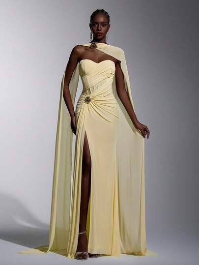 Elitara Elegant Shiny High-Elastic Knitted Mesh Bustier With See-Through Effect, Fishbone Tape, Front Pleated Asymmetrical Twist Cutout Side Draped Flounce, Fish Tail High Slit Luxurious Metal Decor Button (Detachable Hanging Flounce Included), Suitable For Dates, Vacations, Singles Parties, Wedding Events, Women's Evening Gown