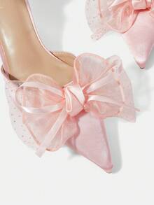 CUCCOO HITCHD 四季新款蕾丝蝴蝶结尖头高跟鞋优雅气质时尚浑力吉缎面女式高跟鞋踝带鞋优雅气质时尚婚礼情人节茶歇优雅穿搭情人节 - 淺粉色絲 - 查看 5