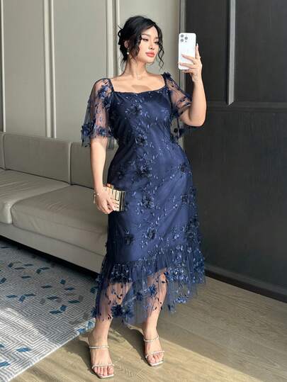 Dazy Plus Vestido con mangas con volantes y cintura ceñida con flores 3D para mujer talla grande, color azul, para fiestas/eventos, primavera/verano