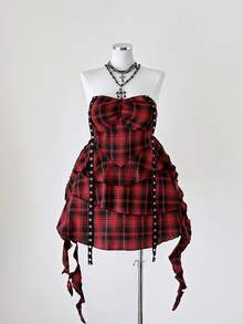 Sunspun Sexy Backless Asymmetrical Plaid Mini Dress, Fitted Design, Fashionable, For Spring/Summer - Red - View 5