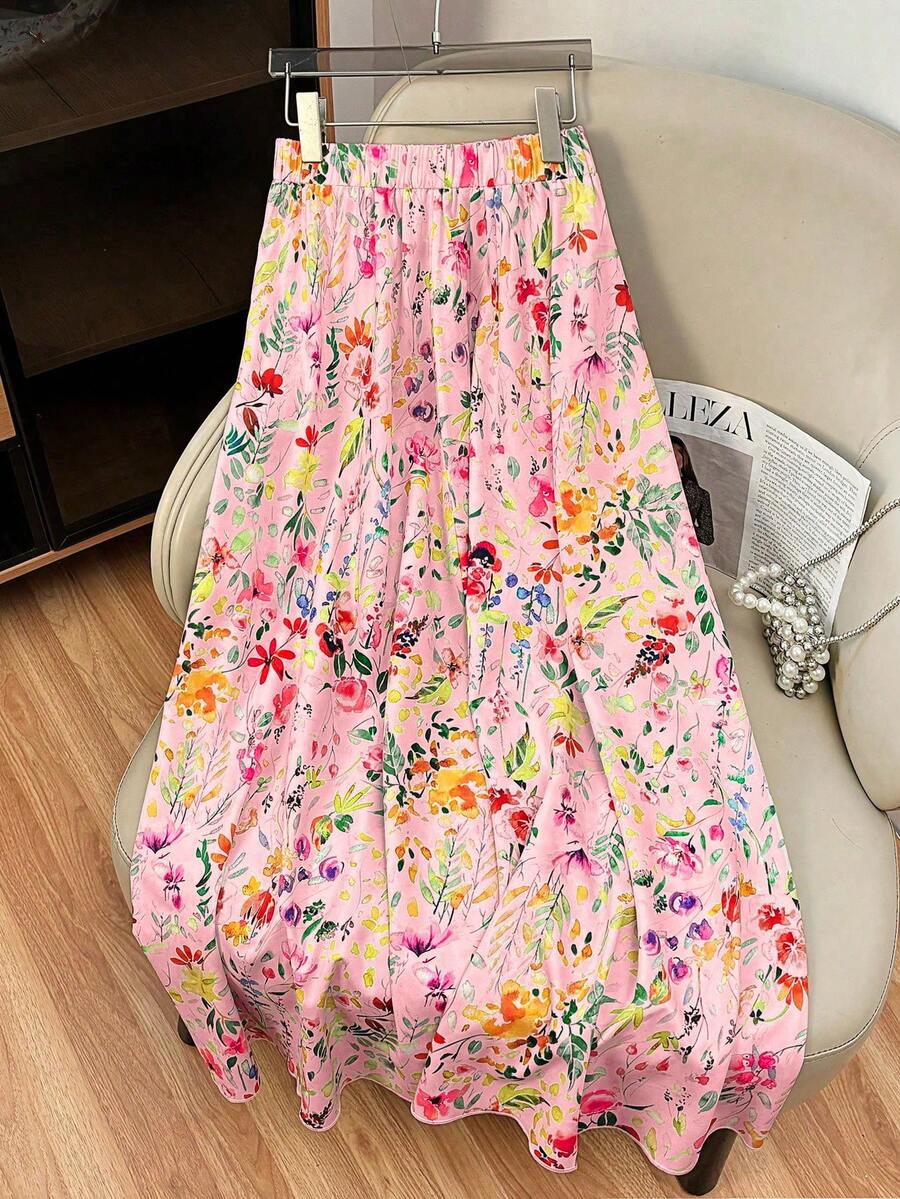 Franclia Falda casual de línea A con cintura elástica y estampado floral para mujer, verano - Rosa - Ver 1