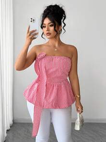 Elenzga Plus Size Women's Summer New Sexy Floral Gingham Bustier Crop Top With Ruched Waist And Flared Hem, Suitable For Daily Wear, Dates, Vacation, Beach, Music Festivals - Watermelon Pink - View 8