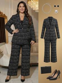 Ellevyn 加大码优雅格子翻领长袖夹克和裤子套装，优雅适合派对和晚装，女士秋冬办公室着装 - 黑與白 - 查看 2