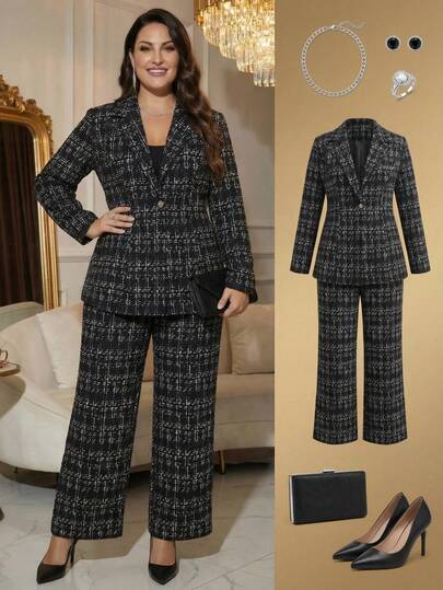 Ellevyn 加大码优雅格子翻领长袖夹克和裤子套装，优雅适合派对和晚装，女士秋冬办公室着装