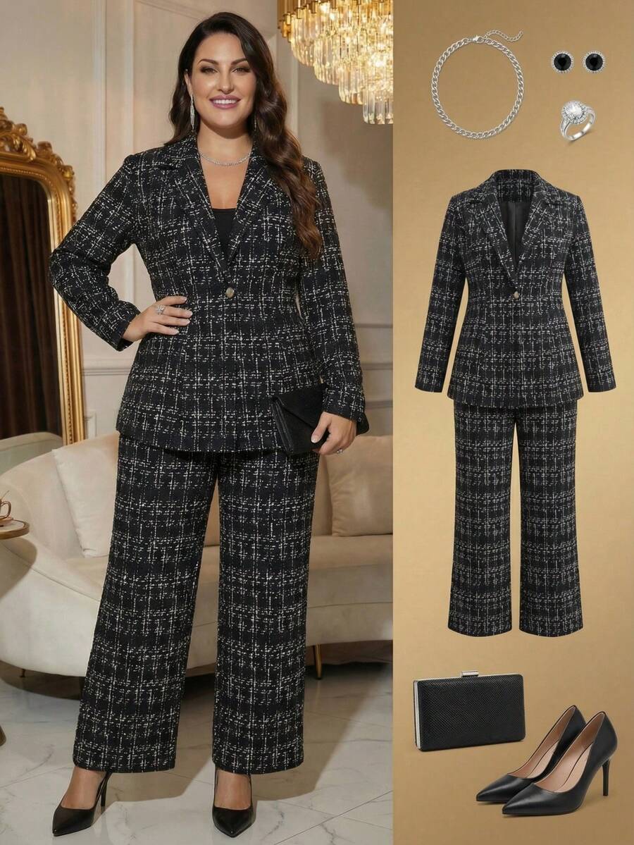 Ellevyn 加大码优雅格子翻领长袖夹克和裤子套装，优雅适合派对和晚装，女士秋冬办公室着装
