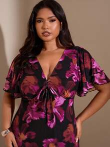 SHEIN BAE Plus Size Women Purple Floral Ruffle Sleeve Dress,Christmas,Dresses For Woman	,Christmas Outfit Women,Christmas Party Dress,Thanksgiving Outfit Women,Sexy Dress,Dresses For Ladies,Formal Dress Plus Size,Curves Women Clothing,Christmas Outfit Women,Wedding Guest Dress ,Summer,Women's New Year's Eve Dresses,Elegant Dresses For Party,Graduation ,Vacation,Birthday Party Dress,Cocktail Party Dress,Purple Dress,Winter ,Spring,Summer,Christmas ,New Year,Party ,Elegant,Casual Dresses For Women,Vacation Outfits Women ,Valentine's Day,Wedding, Birthday, Formal,Wedding, Birthday, Formal, Floral Dress Women Elegant, Women Vacation Dress, Long Dresses - Purple - View 6