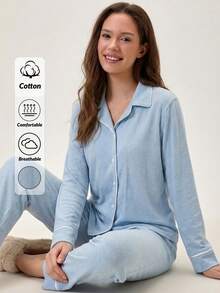 Loomlin Classic Button Front Pajama Set – Soft Long Sleeve Top & Comfy Straight Leg Pants Loungewear - Baby Blue - View 1