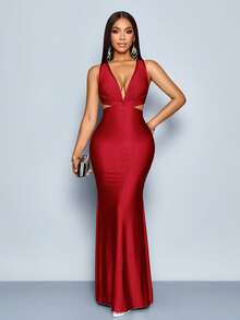 SOLERSUN Đầm maxi dáng đuôi cá ôm sát, màu trơn, cổ chữ V sâu, hở lưng, dành cho nữ, dáng người nhỏ nhắn, chất liệu satin màu đỏ tía, cổ chữ V sâu, khoét eo, thích hợp cho tiệc tối và dạ hội. - Màu Đỏ Sâu - Xem 4