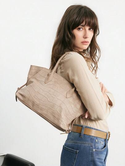 SHECARRY Apricot Tote Bag, Crocodile Embossed Suede Retro Handbag