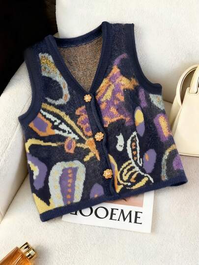 Nubod 2026 ربيع/صيف سترة كاردجان مضفرة بنمط الأزهار متعدد الألوان البنفسجي مناسبة للمقاسات الكبيرة للنساء، طراز كاجوال بسيط وعصري مناسبة لإطلالات الربيع/الصيف