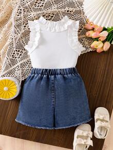 Genkimix Kids 2件套女童象牙色罗纹荷叶边无袖上衣和牛仔铆钉短裤，夏季套装，柔软优雅的夏季套装，女童牛仔短裤套装，牛仔套装，儿童牛仔裙套装，女童夏季服装套装 - 白色 - 查看 2