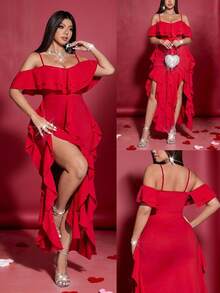 Viva Relle 大码女式优雅纯色针织高弹面料荷叶边领口、开衩设计、荷叶边拼接，时尚设计，大码新款连衣裙，适合派对、节日、生日、情人节、约会等场合的长款连衣裙 - 紅色 - 查看 3