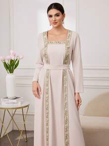 Al Najma 女士优雅拼接刺绣缎带领阿拉伯风格连衣裙，秋季 - 粉色 - 查看 6