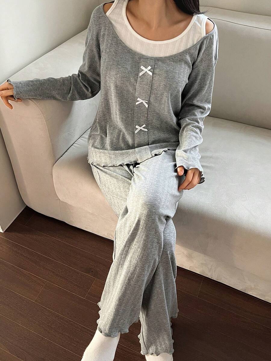 DAZY 女士蝴蝶结装饰针织睡衣套装 - 灰色 - 查看 1