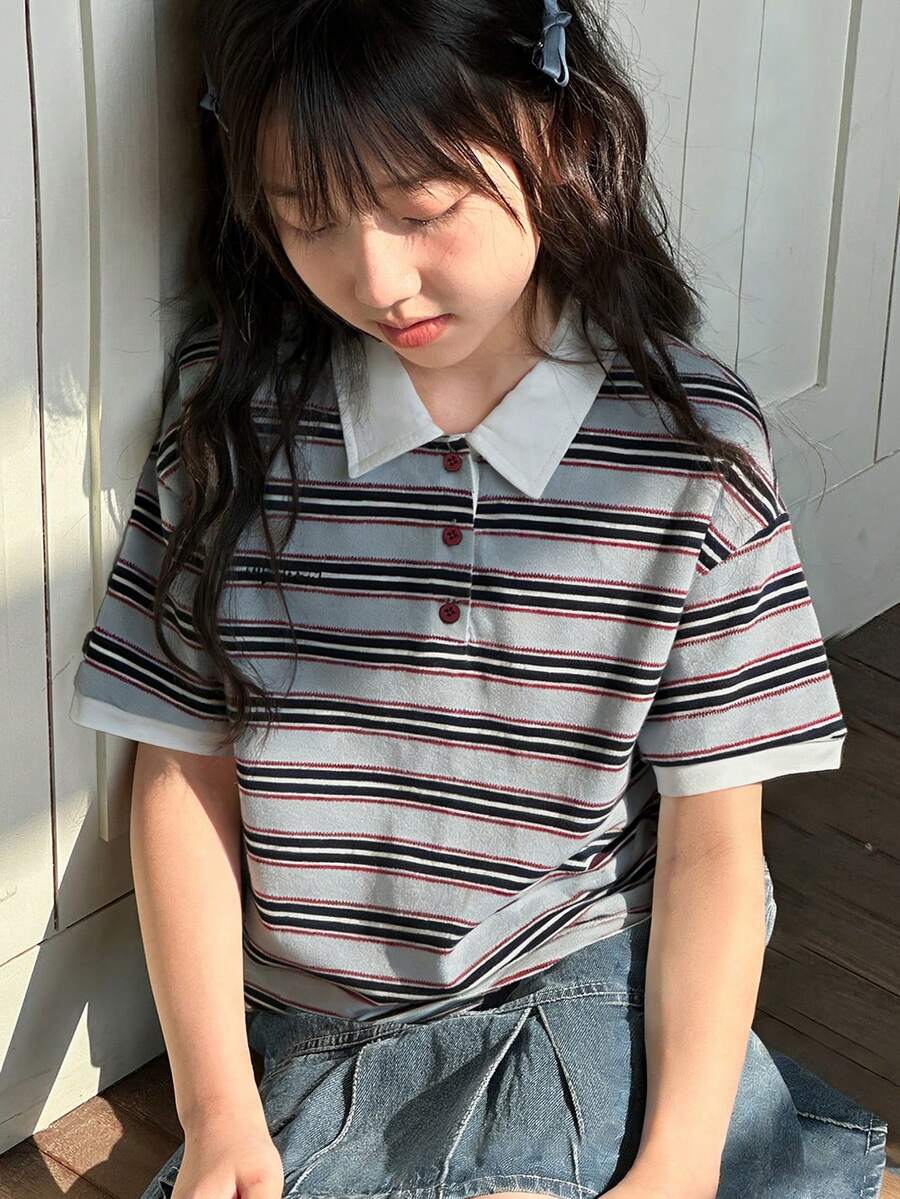 DAZY 少女纽扣条纹印花休闲百搭短袖T恤