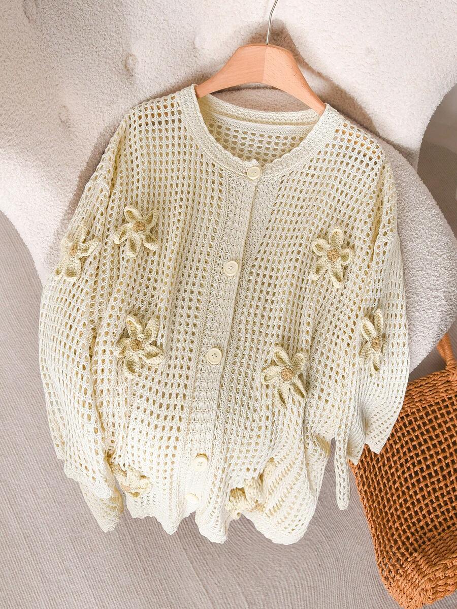CosyJoli 时尚简约针织镂空钩花开衫 - 米色 - 查看 1