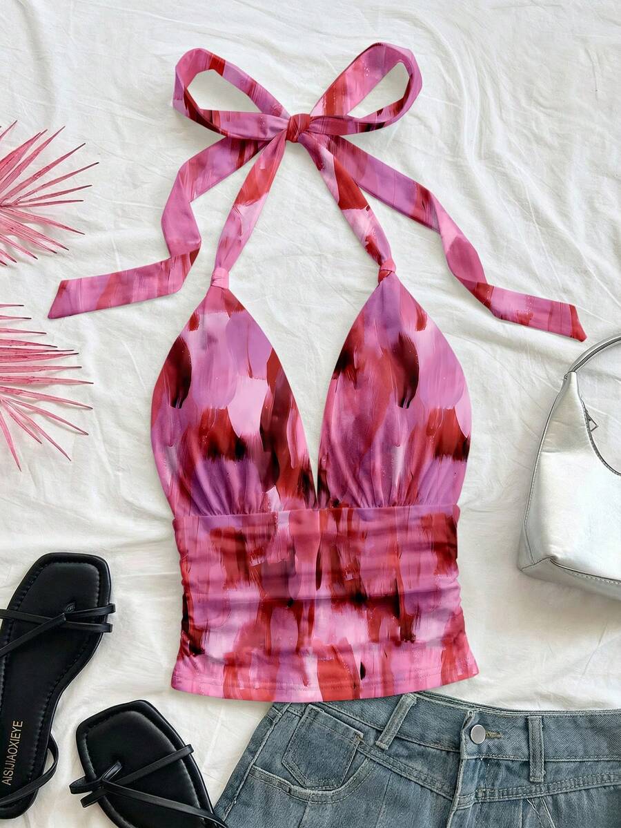 Soleia 休闲优雅水彩扎染度假风粉色花卉印花女式背心,适合夏季、郊游、海滩、派对、婚礼、生日等场合。 - 彩色 - 查看 1