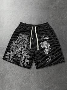 ROMWE MEN Street Life Men's Casual Striped Virgin Mary Print Street Style American Shorts - Black - View 3
