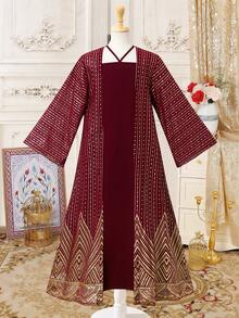 SHEIN Tween Girls' Jacket & Dress Set, Textured Fabric With Metallic Print, Comfortable, Elegant And Luxurious Appearance - Burgundy - View 4