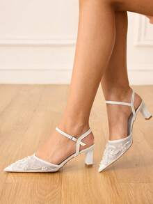 CUCCOO HITCHD Women's Embroidered Beaded Pointed Toe Chunky Heel High Heels, Elegant Slingback Pumps, Fashion For Wedding, Valentine's Day, Tea Party, Graceful Outfit Valentine's Day - White - View 11