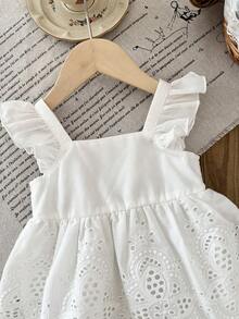 SHEIN LMoss Kids 少女纯色方领荷叶边连体衣 - 白色 - 查看 6