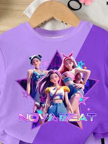 2pcs Young Girls Casual Fashion Korean K-POP Cartoon Girl Pattern Short Sleeve Round Neck T-Shirt And Shorts Set, Purple Contrast Color T-Shirt Set, Comfortable Outfit For Daily, Festival, Spring/Summer - Multicolor - View 5