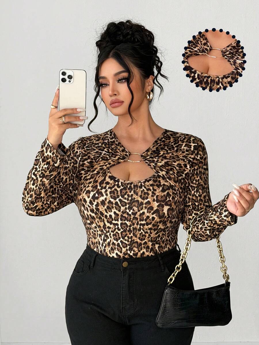 Elenzga Áo thun in họa tiết da báo, kiểu dáng thời trang, giản dị, cổ điển, thanh lịch, thích hợp đi làm, cổ khoét, đính nhẫn vàng. - màu nâu - Xem 1