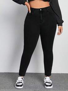 SHEIN ICON Quần jeans skinny dáng suông, túi xéo, màu trơn, cỡ lớn, kiểu dáng thường ngày. - màu đen - Xem 4