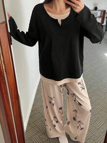 DAZY Women's Contrast Color Patchwork Knit Top & Allover Print Pajama Set - Black - View 5