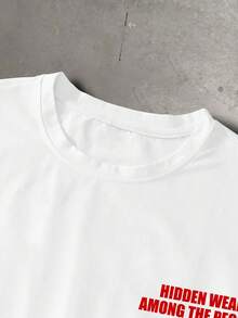 Manfinity EMRG 男士休闲日常通勤时尚街头美元邮票字母印花短袖白色T恤，夏季 - 白色 - 查看 3