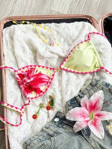 Swim Mod White,Summer,Casual Sexy,Vacation,Holiday Women Lily Print Floral Applique Swimwear Set With Cover Up Beach Golf Resort Pool Bikini Bathing Suit - Yellow - View 6